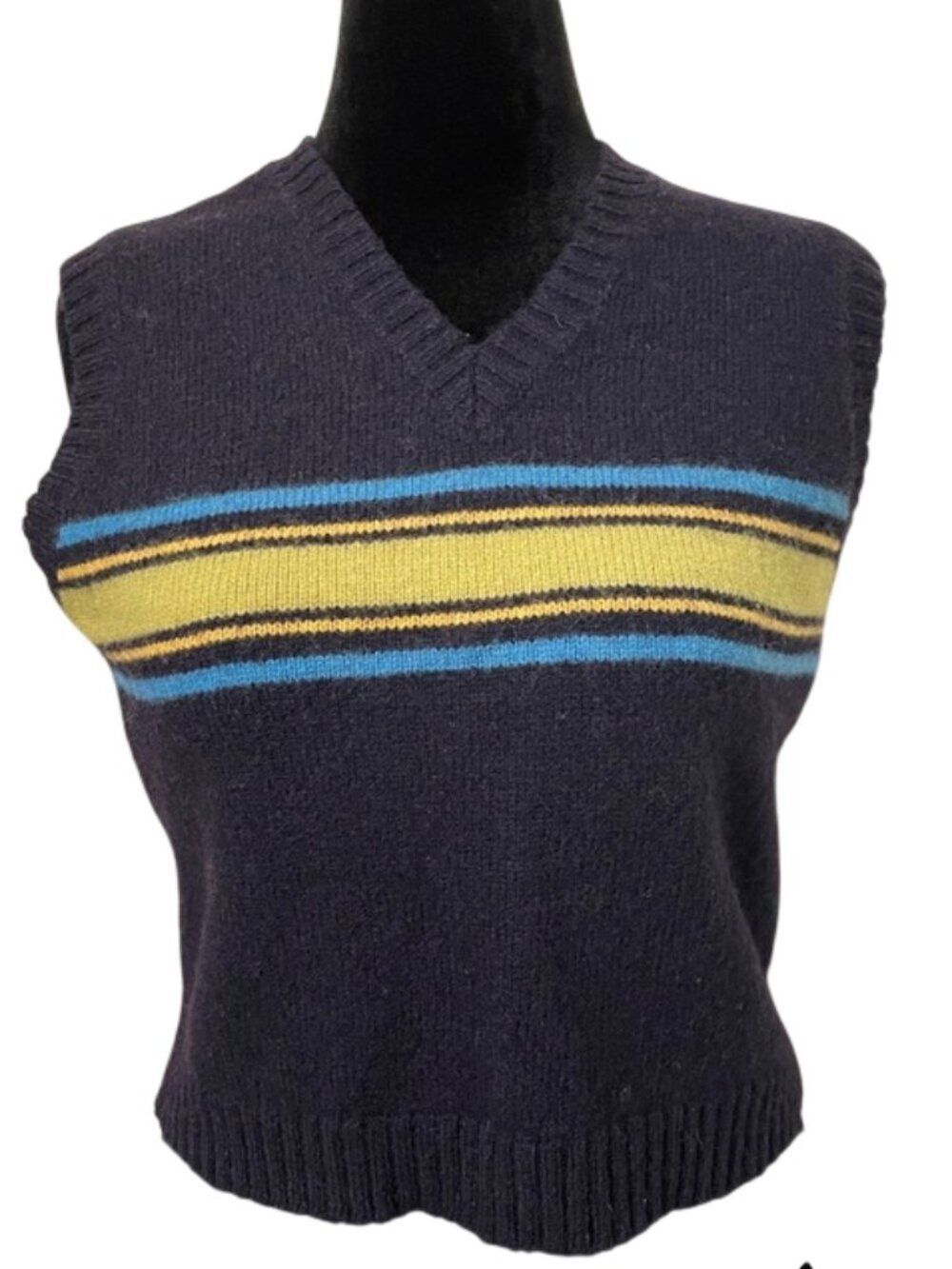 Vintage M.Y. Sportswear Wool Sweater Vest Womens Large Navy Blue Lime Striped